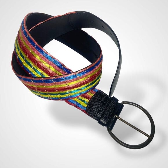 Chico's Wide Belt Women's Size L Colorful Ribbon Striped Black Leather 42-46 in - Picture 2 of 7